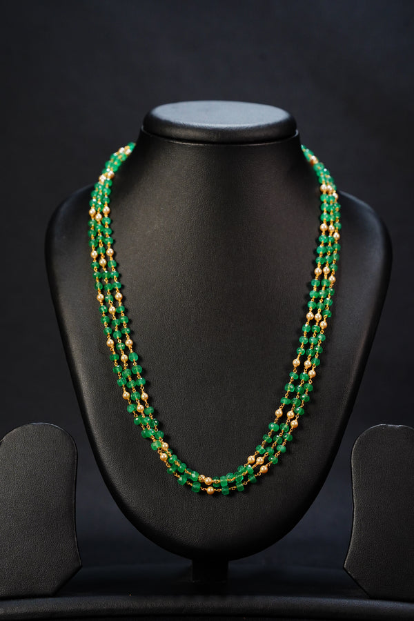925 silver Beryl Emerald & Pearl Necklace – Triple Line
