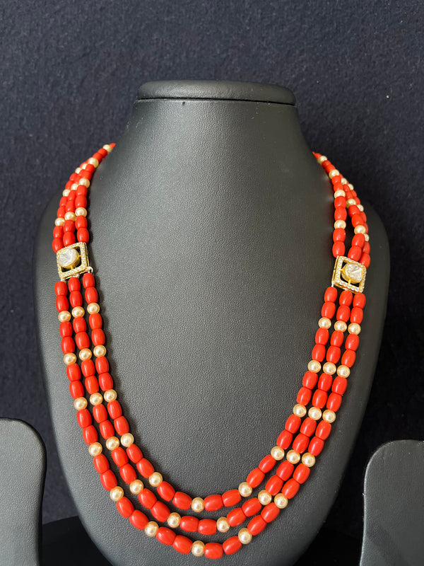 Ivika 3lines coral necklace with moissanite broach