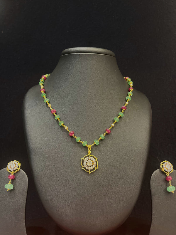 Ivika Green & Red Melon Stone Necklace With CZ Floral Earrings