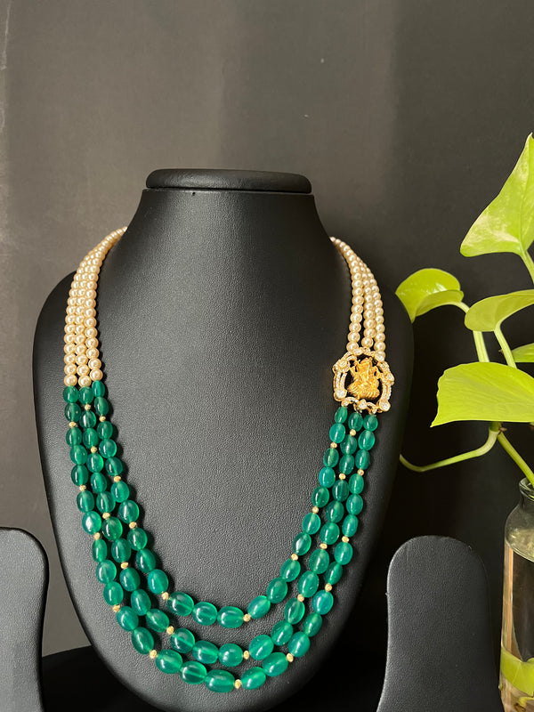 Ivika 3 lines onex and pearl necklace with Ganeshji side broach