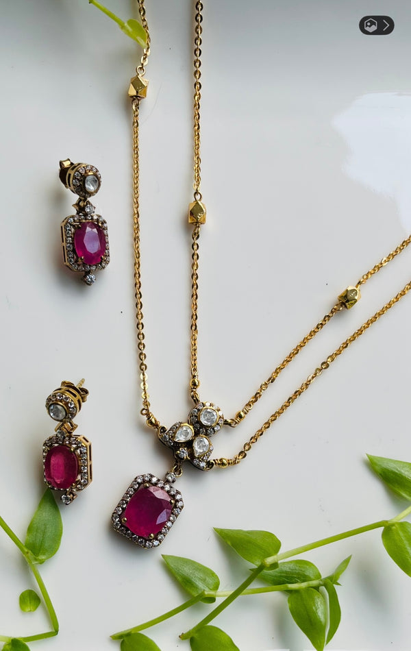 Ivika Ruby & Moissanite Locket Necklace With CZ Earrings