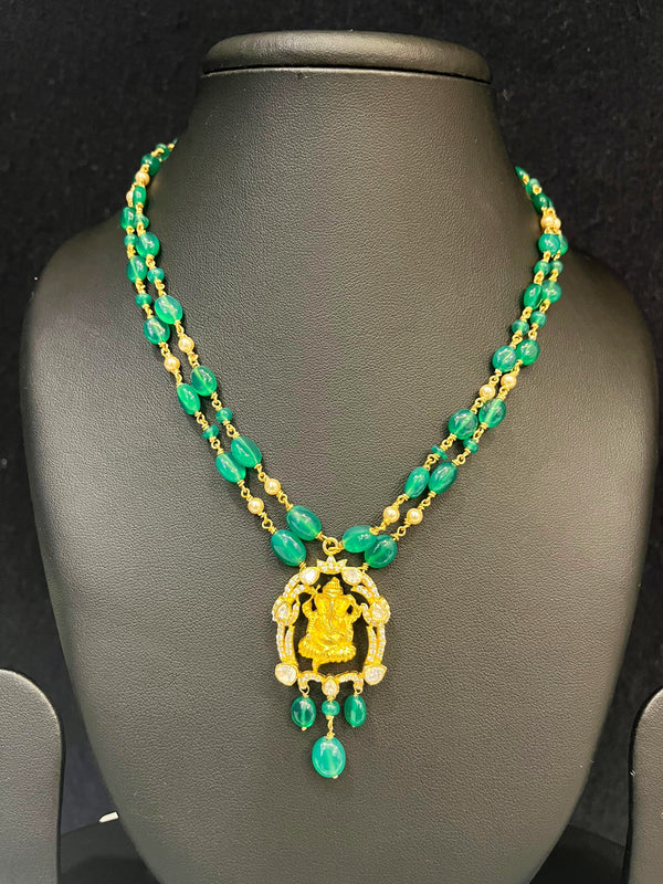 Ivika Green Onyx & Pearl Double-Line Necklace with Ganesha Pendant